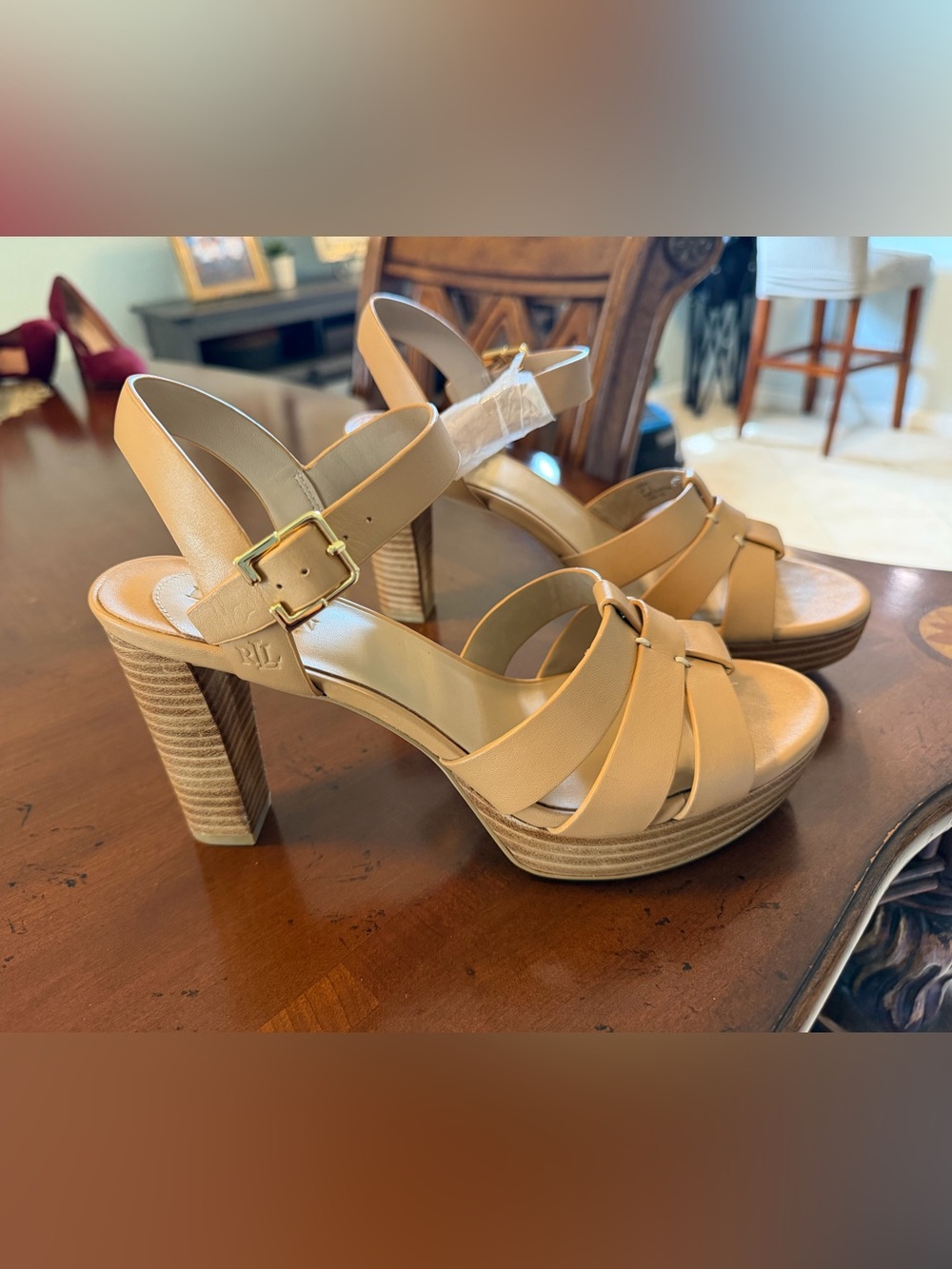 Lauren Ralph Lauren Tan Leather Platform Sandals with Buckle